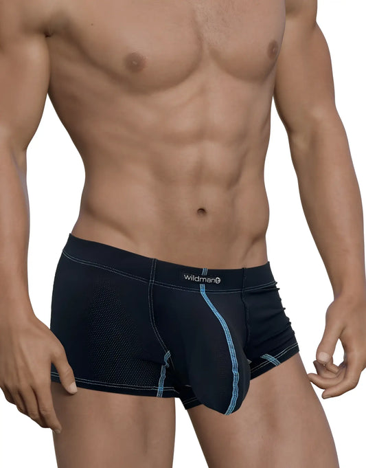 Blue boxer briefs with a front pouch, textured mesh fabric, and contrasting blue stitching. Wildman logo on waistband.