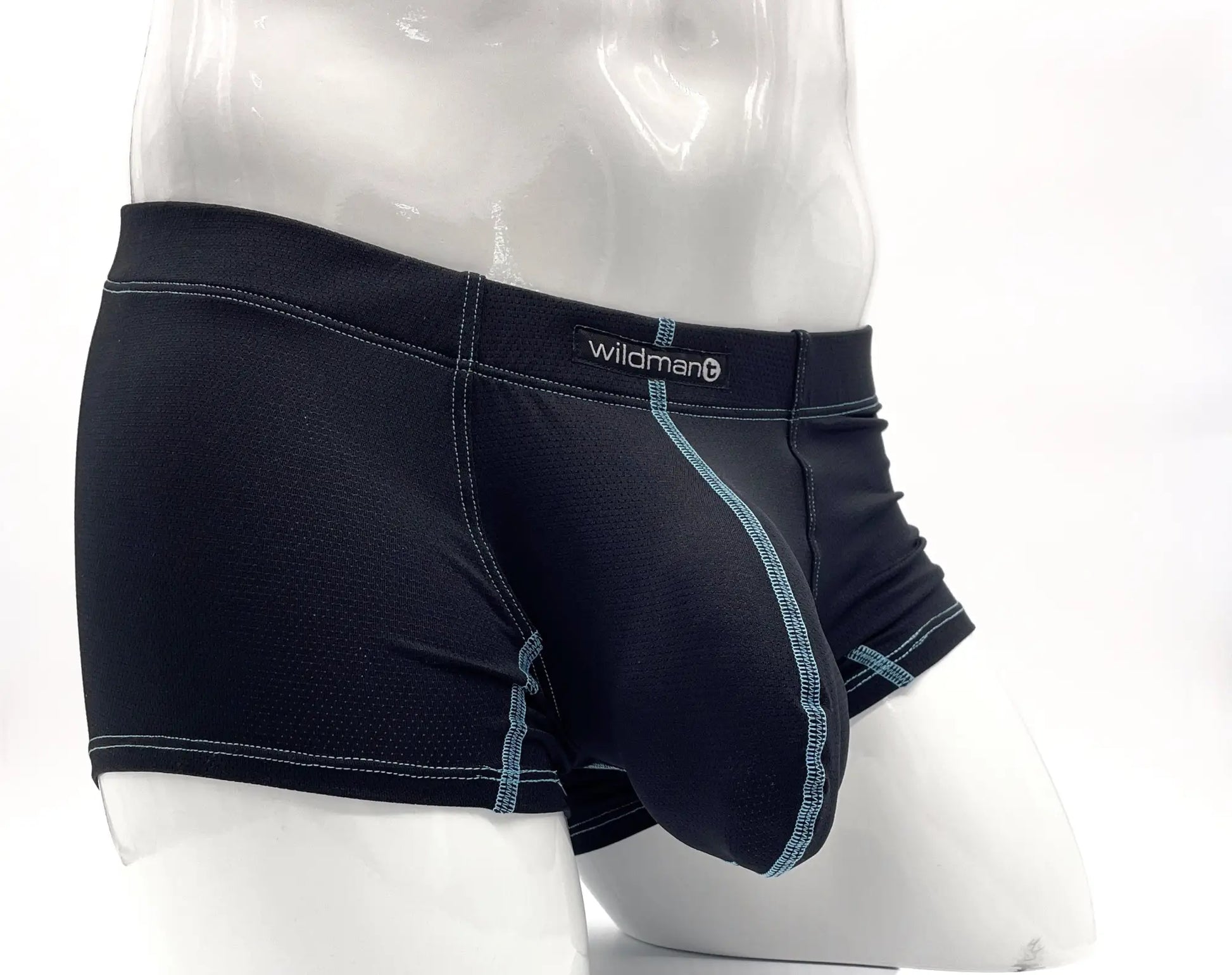 Black Big Boy pouch boxer briefs with blue contrast stitching on a mannequin, featuring a WildmanT branded waistband.