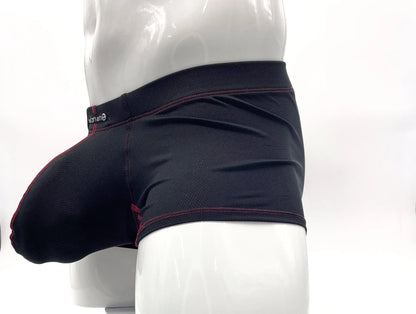 Black Stitch Big Boy Pouch boxer briefs on a mannequin, featuring textured fabric and contrasting red stitching.