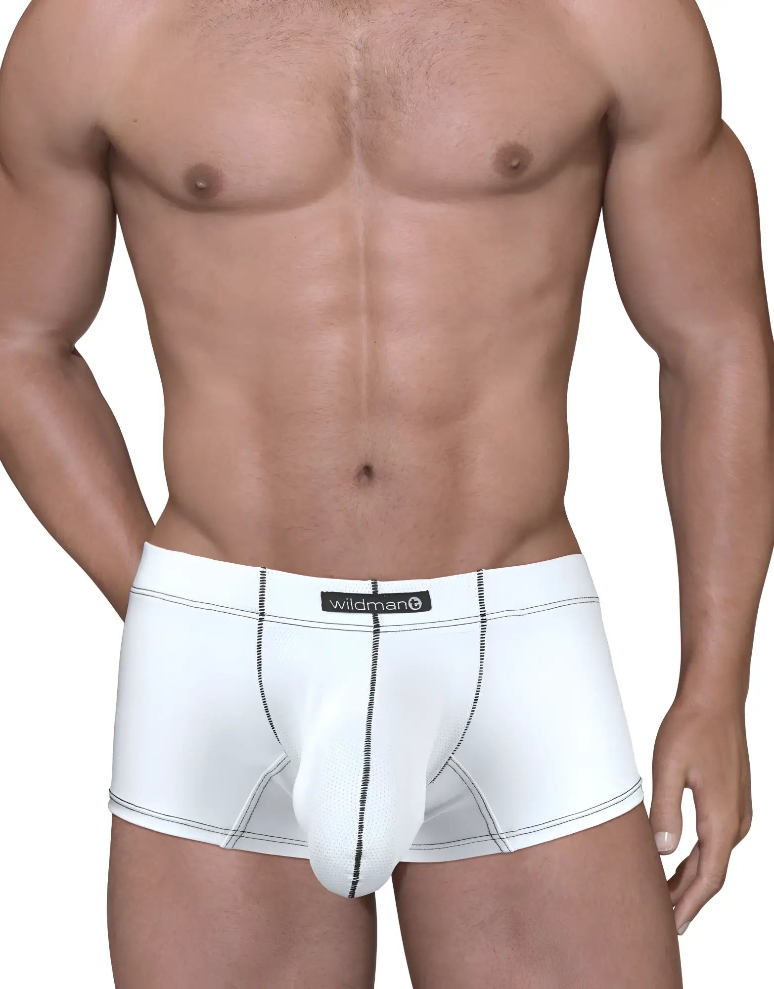 White Stitch Big Boy pouch boxer briefs with black contrast stitching and a centered black logo patch.