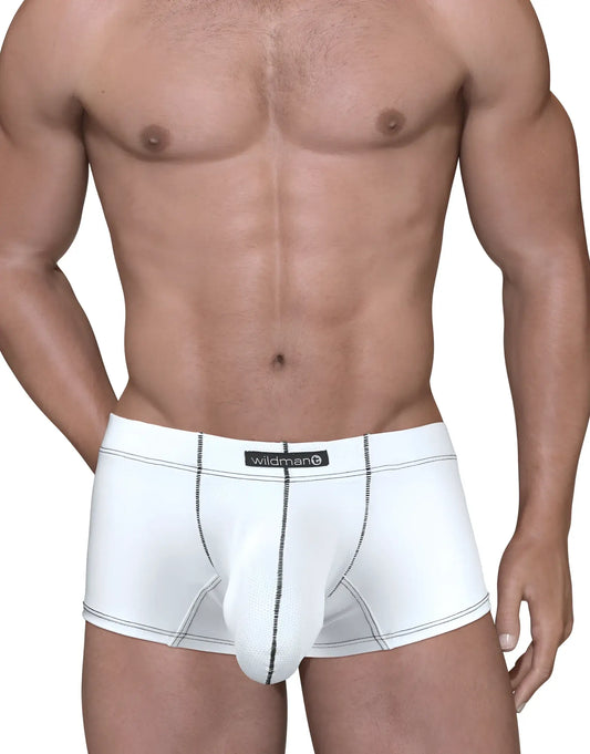 White Stitch Big Boy pouch boxer briefs with black contrast stitching and a centered black logo patch.
