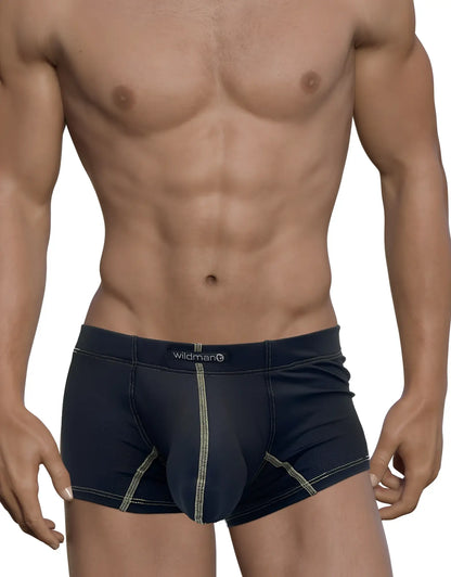 Black, perforated fabric "Big Boy" pouch boxer briefs with contrasting yellow stitching and "wildman" logo waistband.