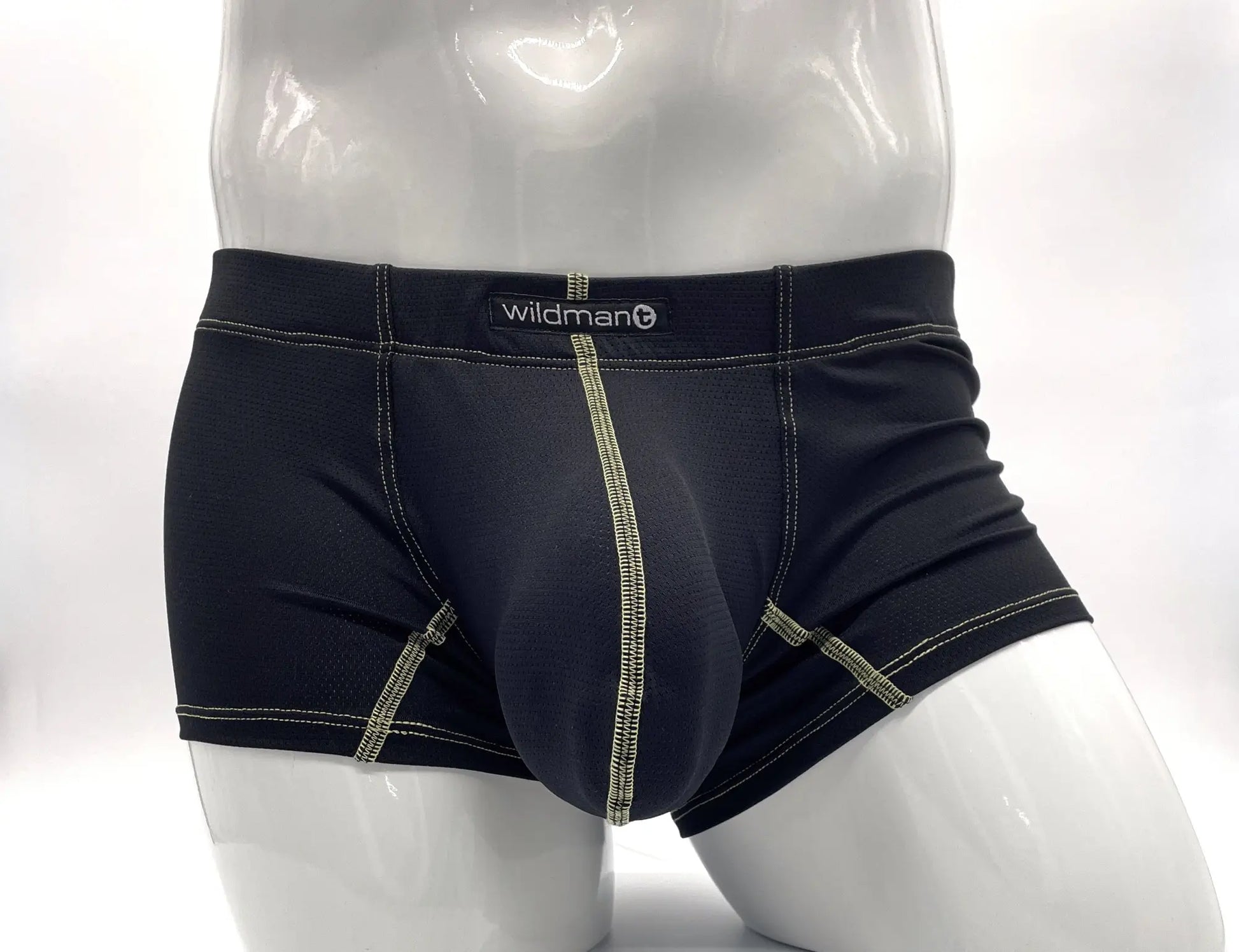 Black Stitch Big Boy pouch boxer briefs with yellow contrast stitching and Wildmant waistband logo on a mannequin torso.