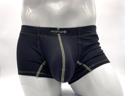 Black Stitch Big Boy pouch boxer briefs with yellow contrast stitching and Wildmant waistband logo on a mannequin torso.