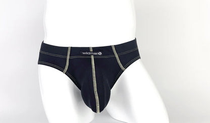 Black pouch brief with visible tan contrast stitching, center seam, and a "wildman" logo tag on a white mannequin.