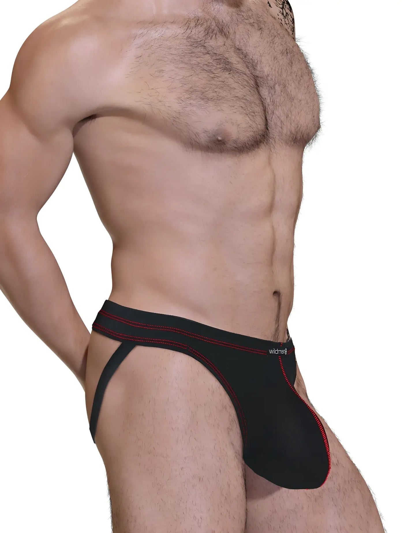 Black jockstrap with a contoured pouch, featuring red contrast stitching and a branded waistband on a male model.