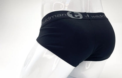Black stretch cotton pouch brief with a branded grey waistband on a white mannequin.
