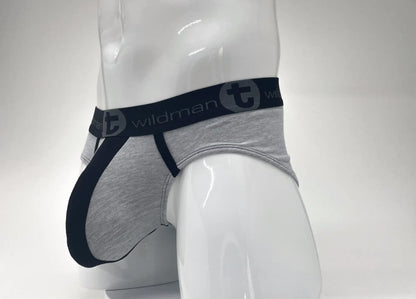 Gray and black wildman men’s briefs with a contoured big boy pouch design made from stretch cotton