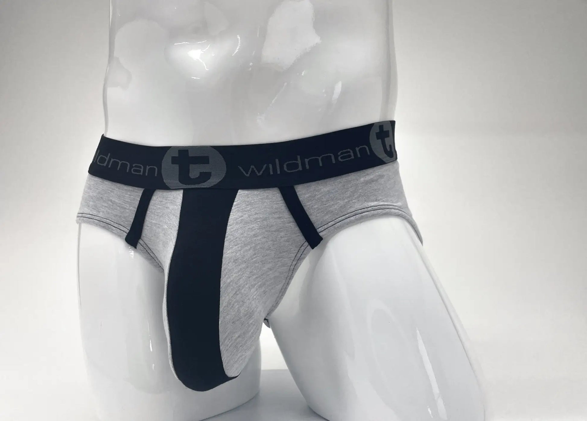 WildmanT stretch cotton big boy pouch brief gray and black with textured fabric waistband featuring t logo