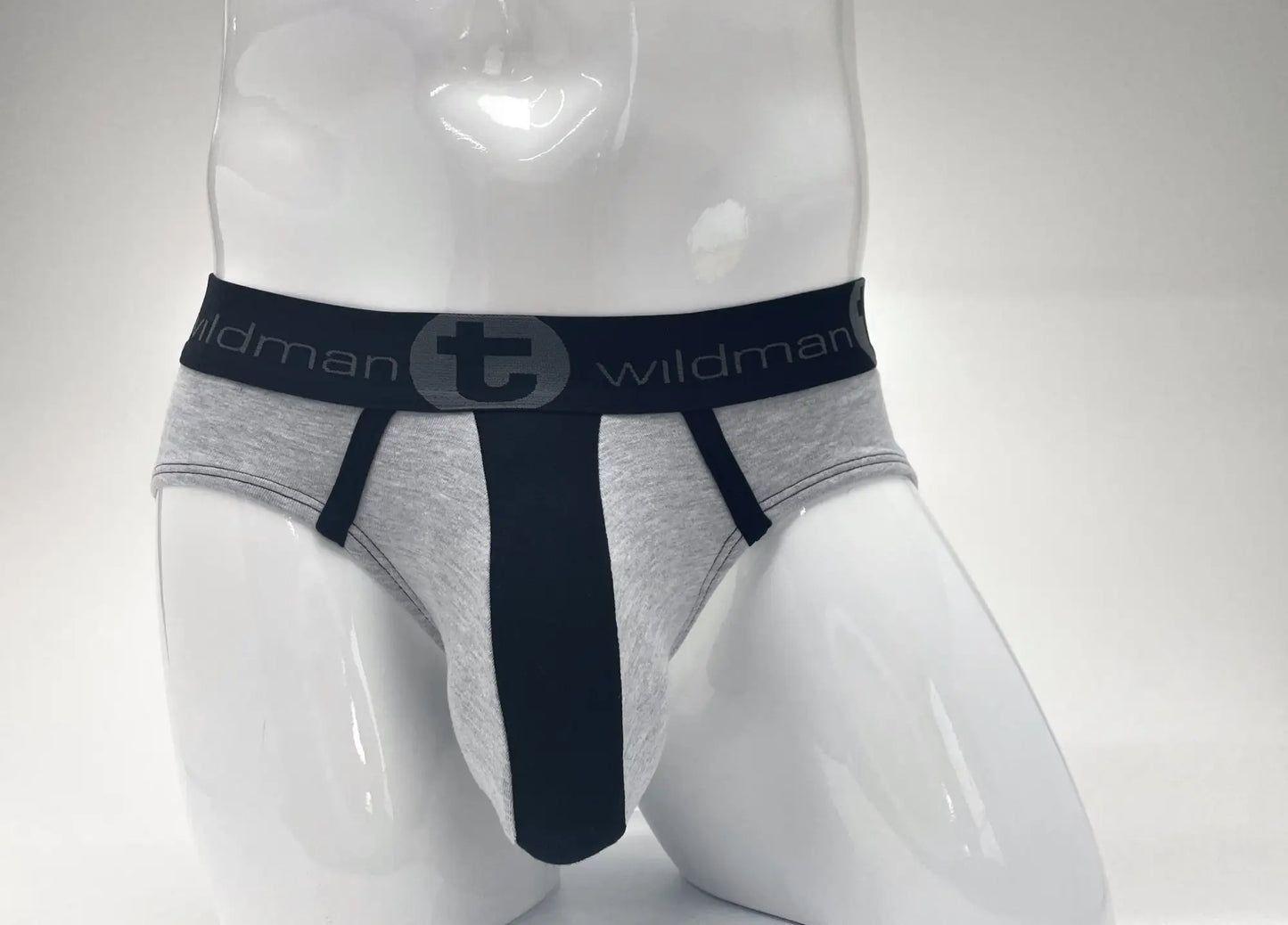 Wildman brand gray and black stretch cotton big boy pouch briefs with a central black panel