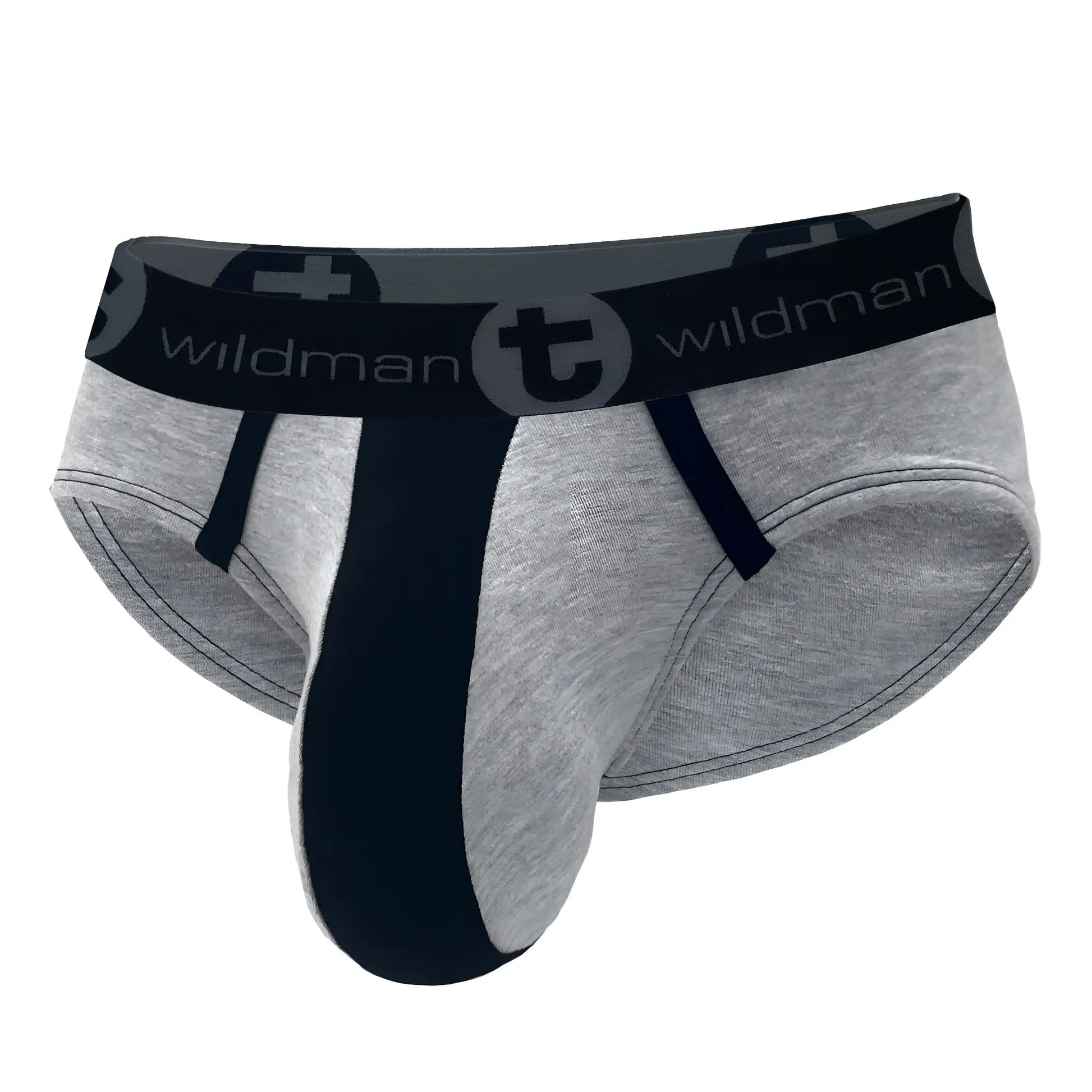 Gray stretch cotton pouch brief with a black central panel, black piping, and a branded WildmanT elastic waistband.