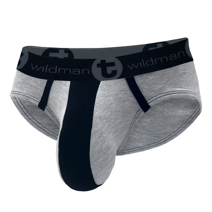 Gray stretch cotton pouch brief with a black central panel, black piping, and a branded WildmanT elastic waistband.