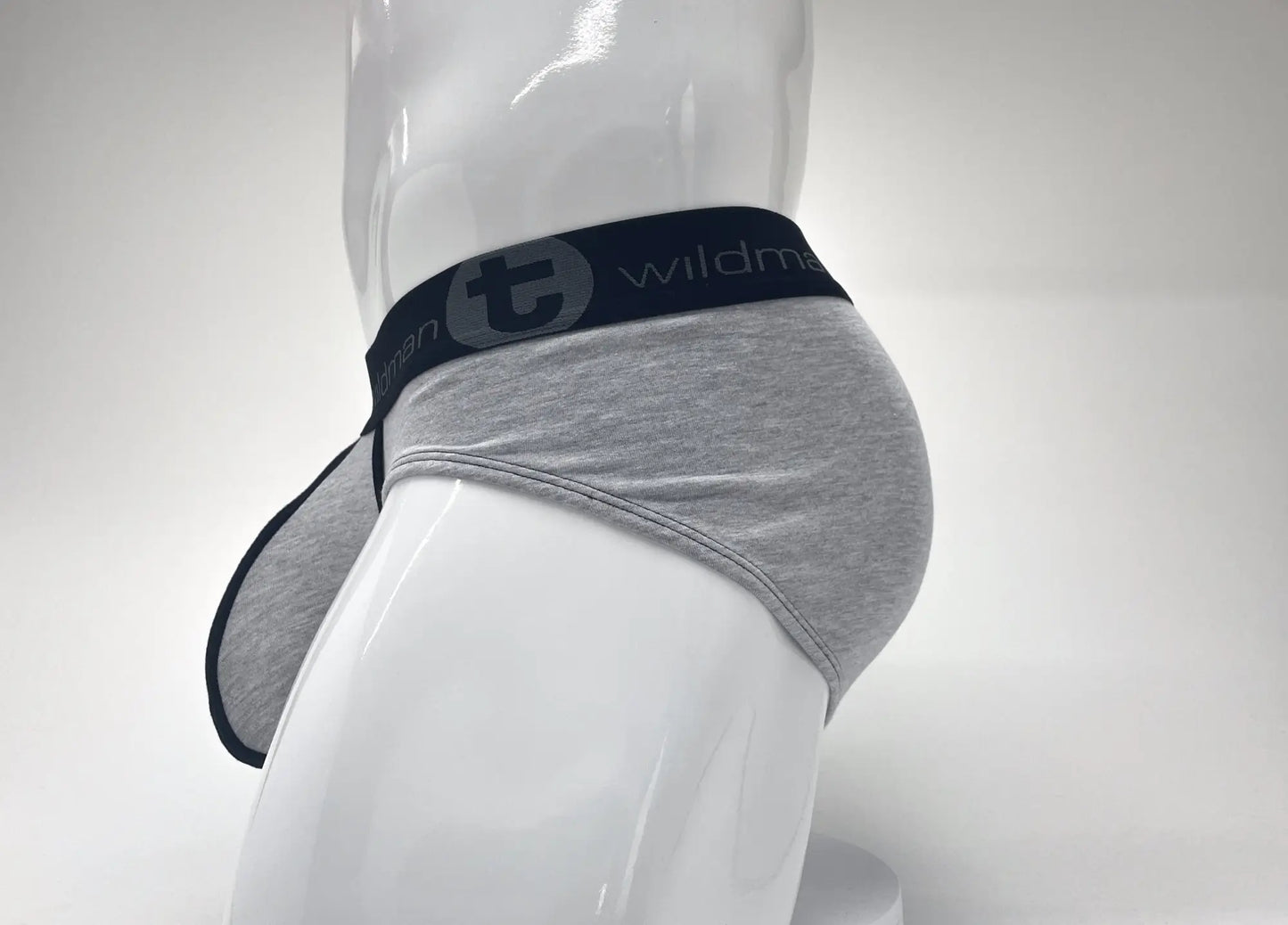 Gray heathered stretch cotton big boy pouch briefs with black elastic waistband featuring wildman logo
