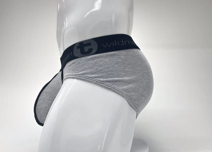 Gray heathered stretch cotton big boy pouch briefs with black elastic waistband featuring wildman logo