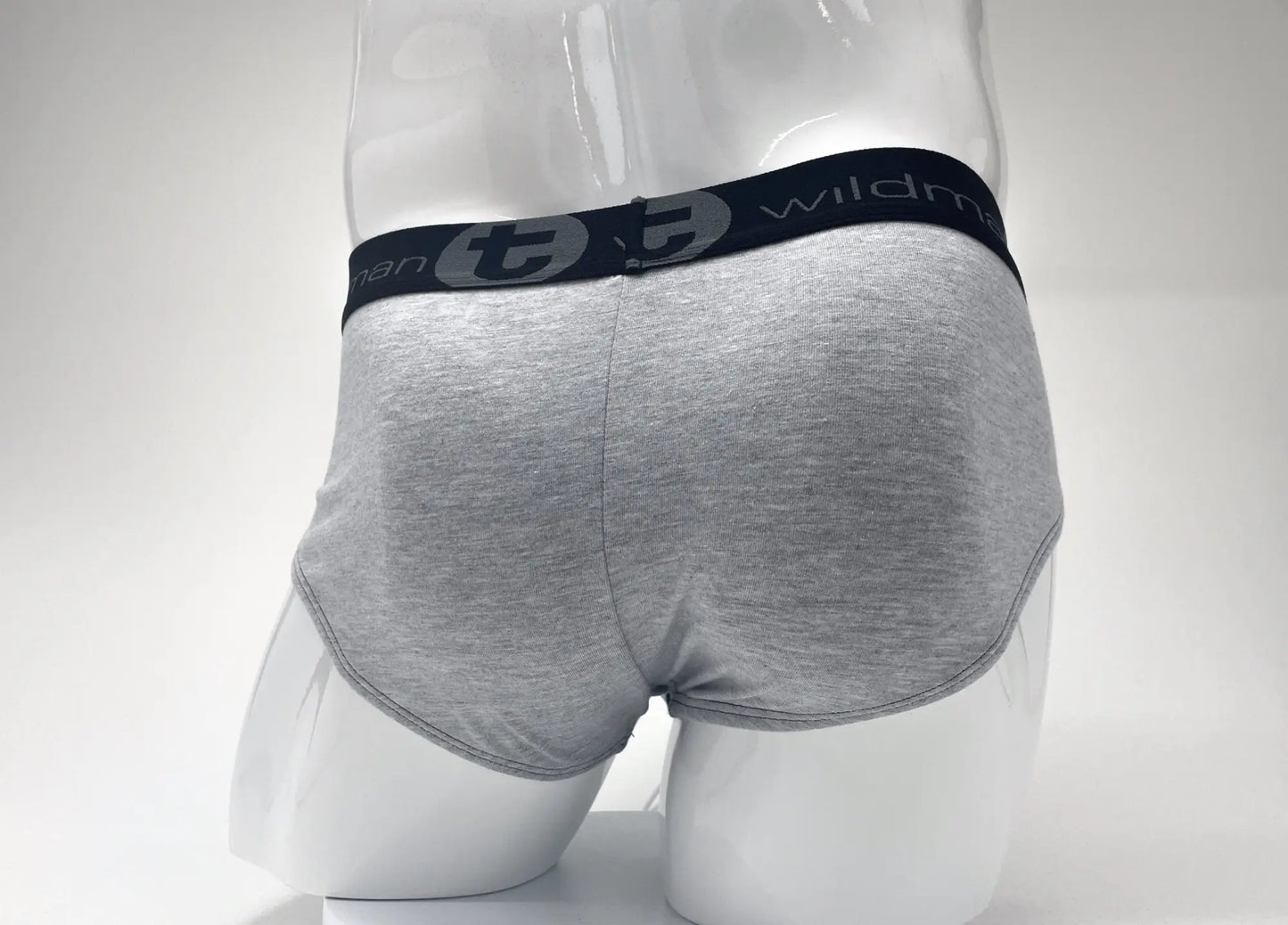 Gray heathered cotton stretch briefs with black wildman logo waistband from wildmant big boy pouch brief line