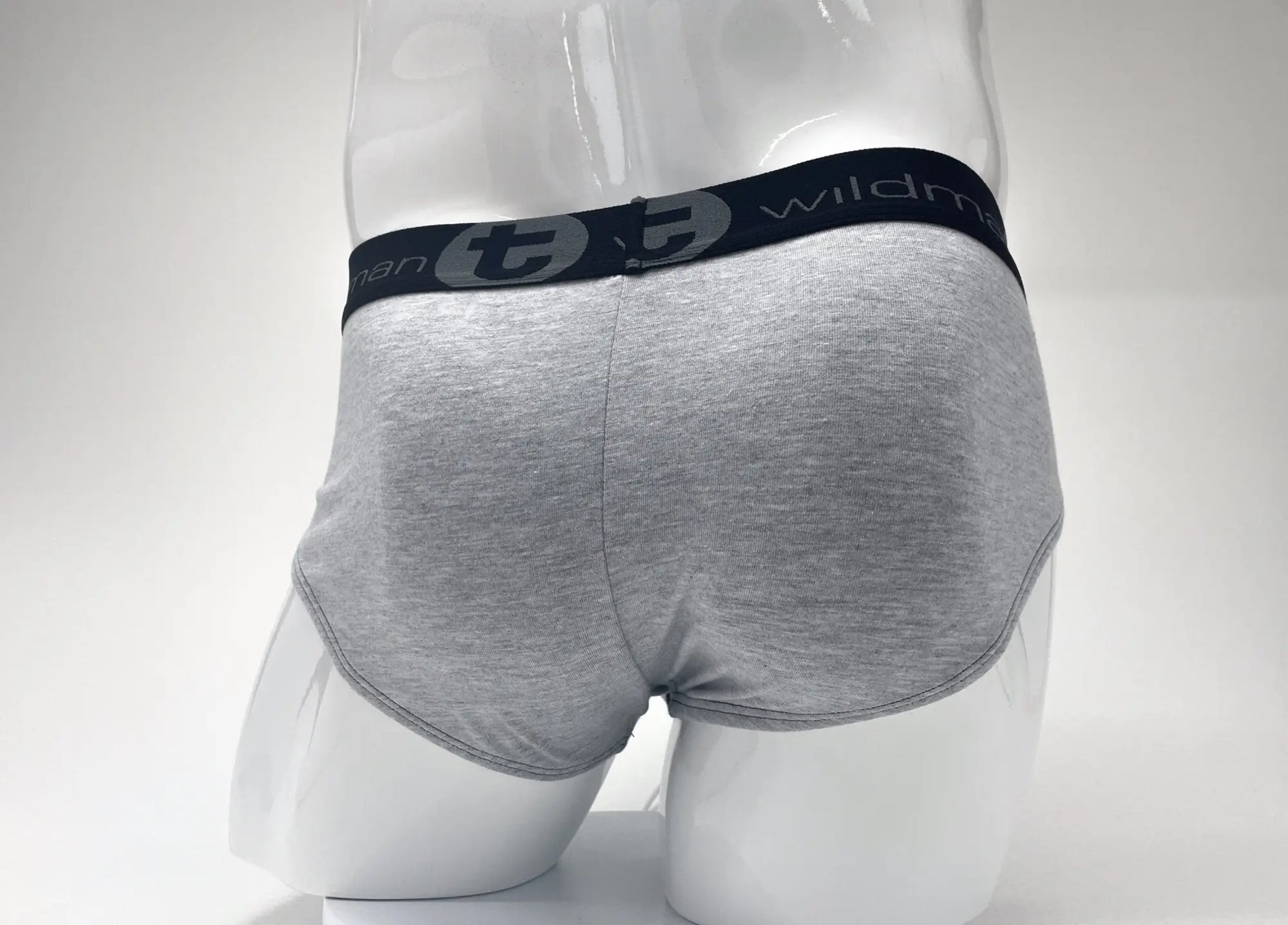 Gray heathered cotton stretch briefs with black wildman logo waistband from wildmant big boy pouch brief line