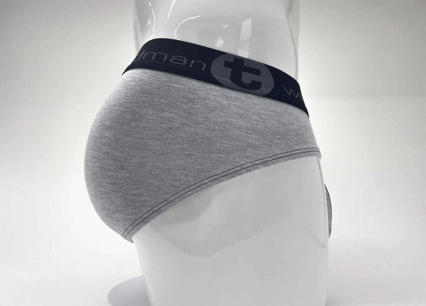 Gray heathered cotton wildmant stretch big boy pouch briefs with black elastic waistband and wardman logo