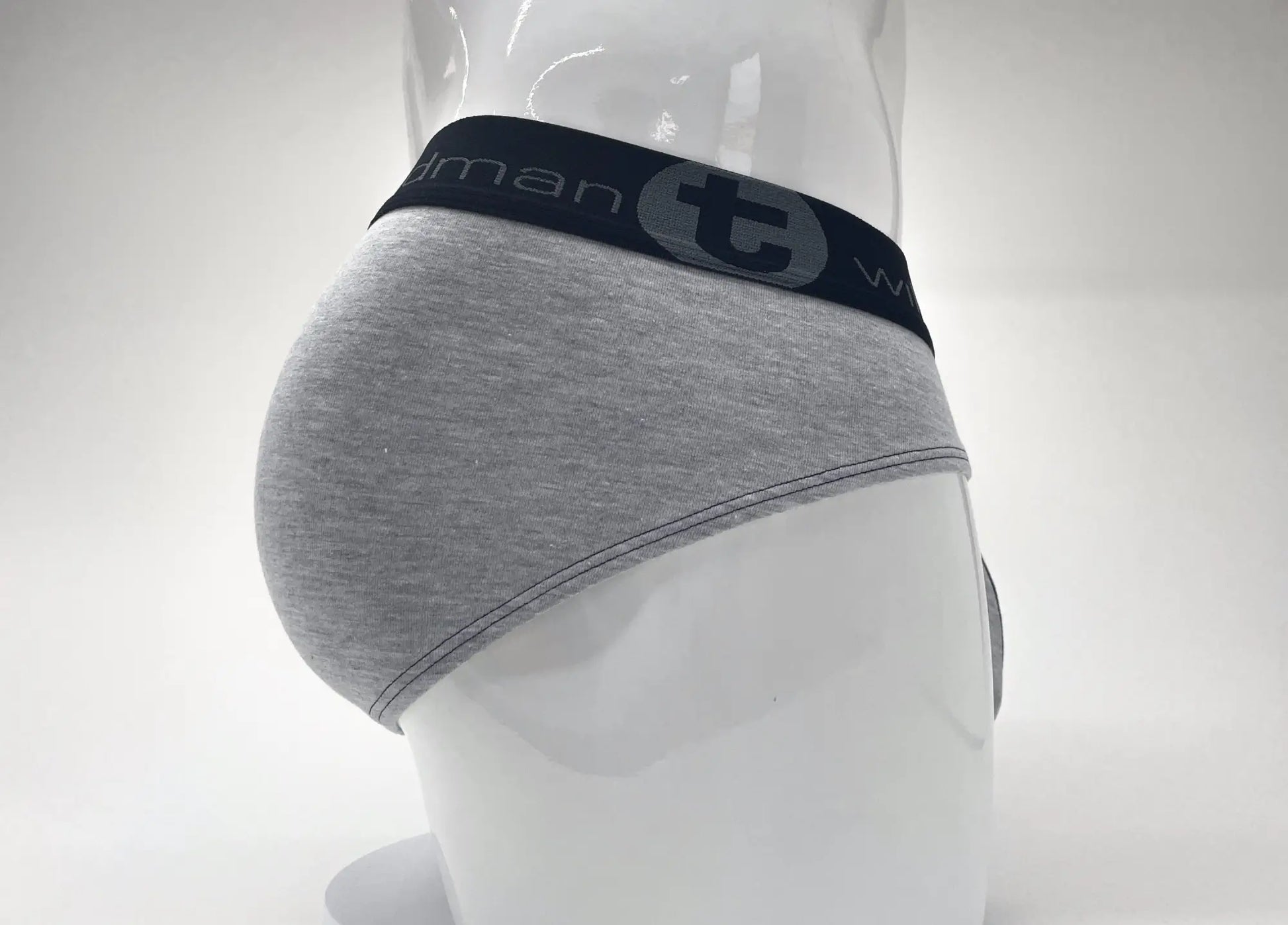 Gray heathered cotton wildmant stretch big boy pouch briefs with black elastic waistband and wardman logo