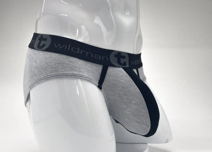 Wildmant stretch cotton big boy pouch brief in gray heather with black waistband featuring wildman logo and circular t emblem