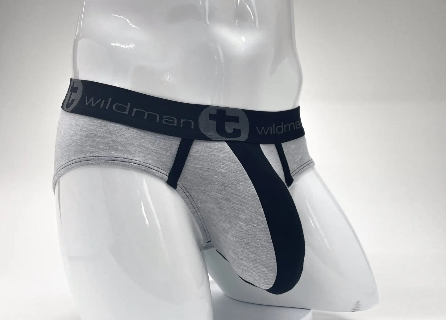 Gray heathered stretch cotton WildmanT big boy pouch briefs with black elastic waistband and Wildman logo