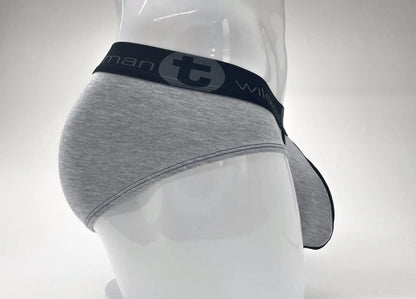 Gray heathered stretch cotton big boy pouch briefs with black elastic waistband featuring wildmant logo and brand name