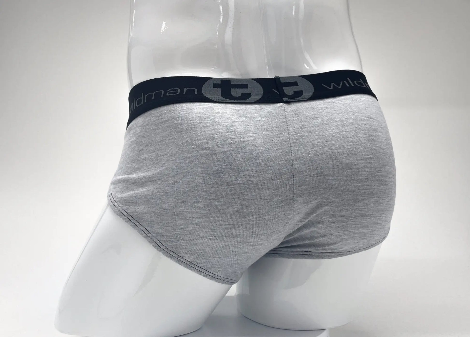 Gray heathered cotton briefs with black elastic waistband featuring wildman logo from wildmant stretch cotton big boy pouch brief