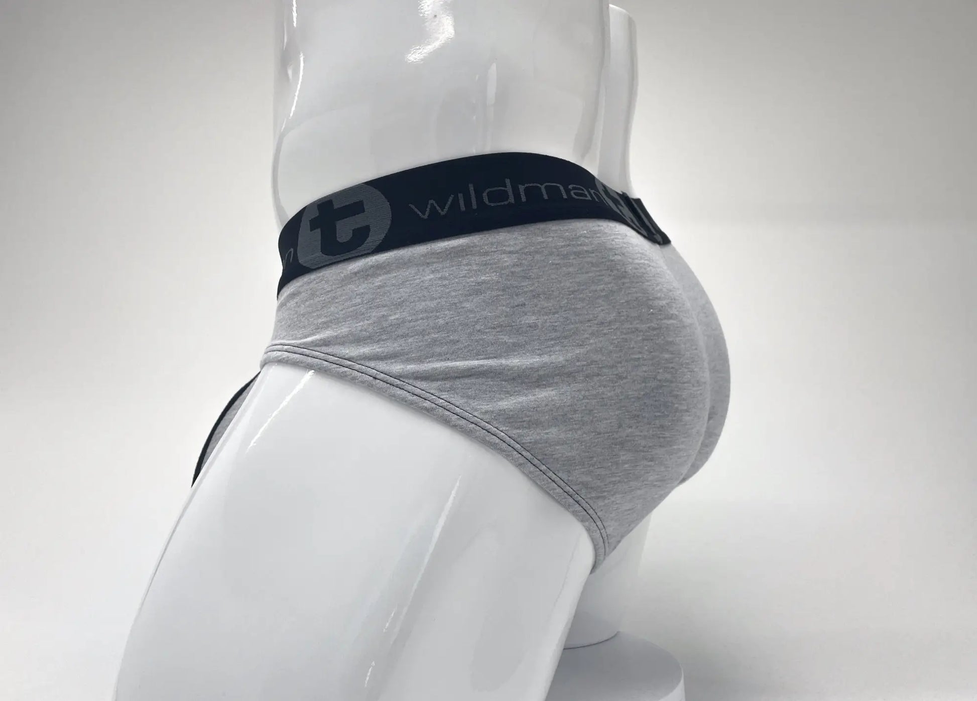 Wildmant stretch cotton big boy pouch briefs in gray heather with black elastic waistband and wildman logo