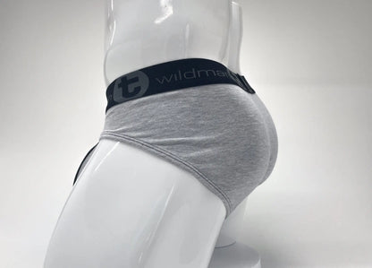 Wildmant stretch cotton big boy pouch briefs in gray heather with black elastic waistband and wildman logo