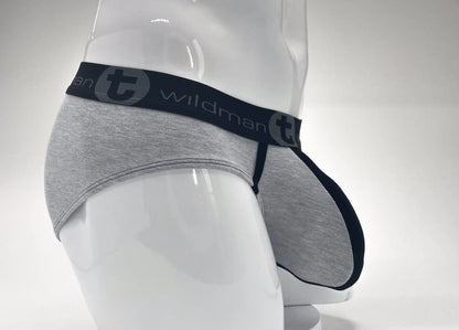 Wildmant stretch cotton big boy pouch brief in gray heather with black waistband featuring brand logo and circular t emblem