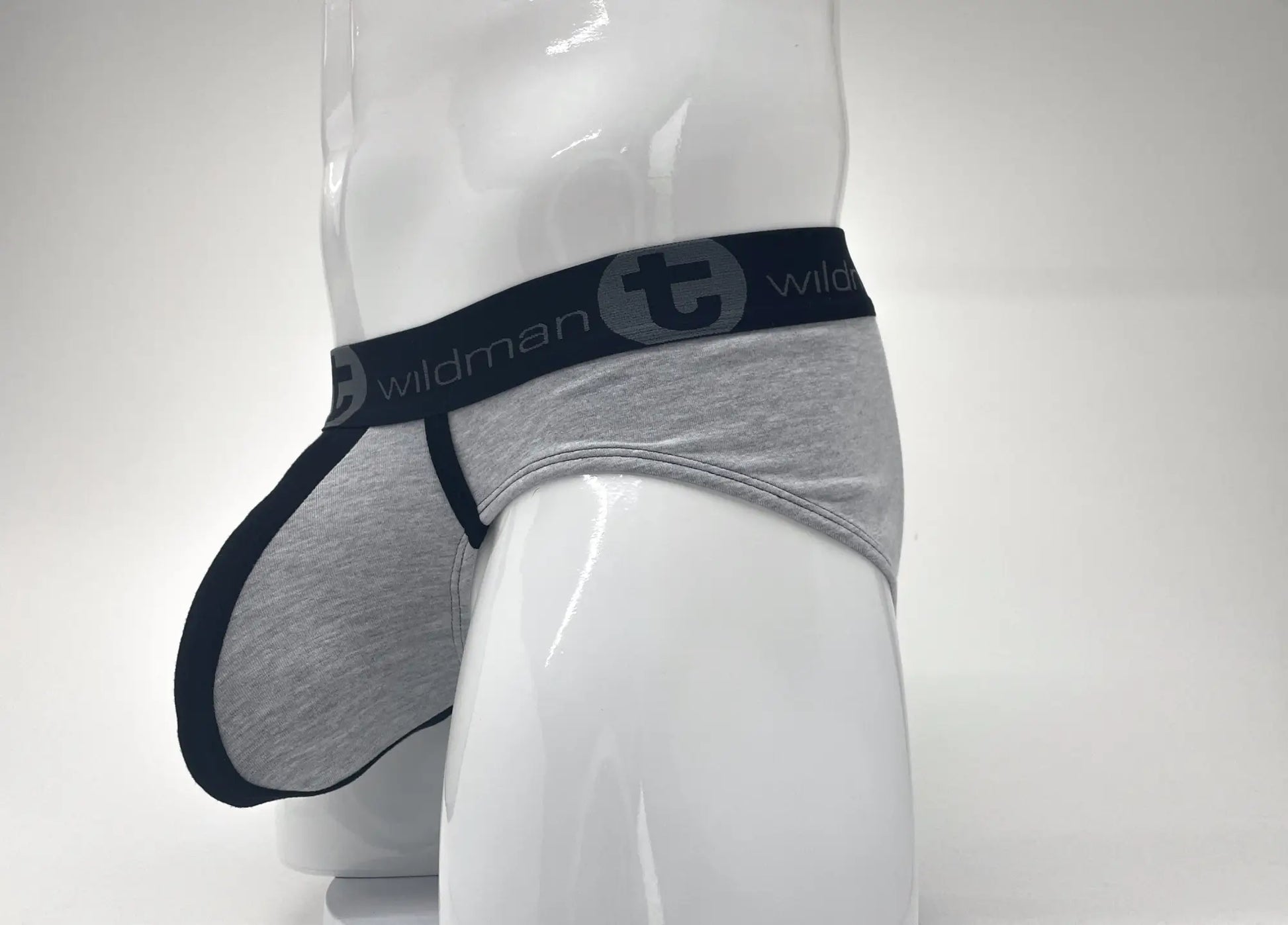 Gray heathered wildmant stretch cotton big boy pouch brief with black elastic waistband and wildman branding