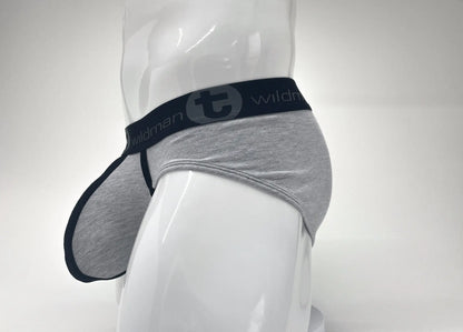 Wildmant stretch cotton big boy pouch brief gray black with black elastic waistband and wildman brand logo