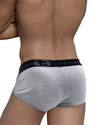 Wildmant stretch cotton big boy pouch brief in gray heather with black waistband and wildman logo visible