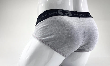 Gray heathered WildmanT stretch cotton big boy pouch brief with black waistband and red stylized T emblem