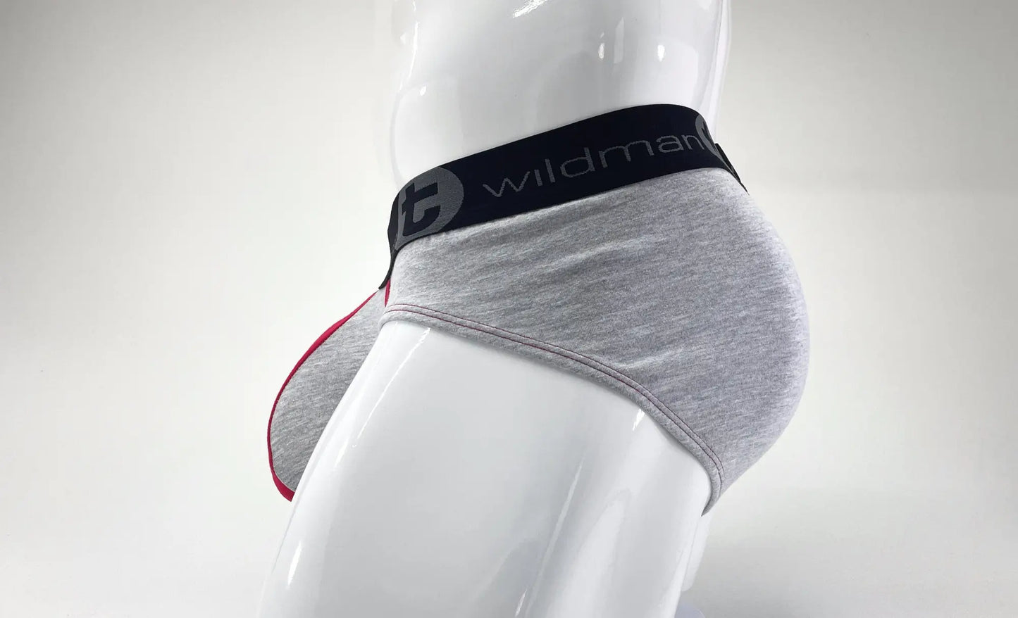 Wildmant stretch cotton big boy pouch brief in gray heather with black waistband and red side seam trim