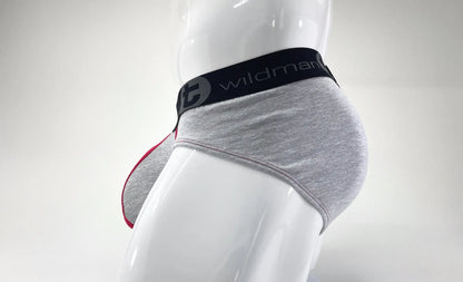 Wildmant stretch cotton big boy pouch brief in gray heather with black waistband and red side seam trim