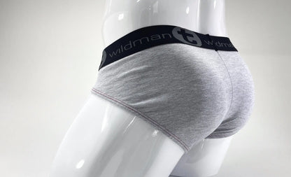 Gray heathered stretch cotton big boy pouch briefs with black wildman logo waistband in gray and red