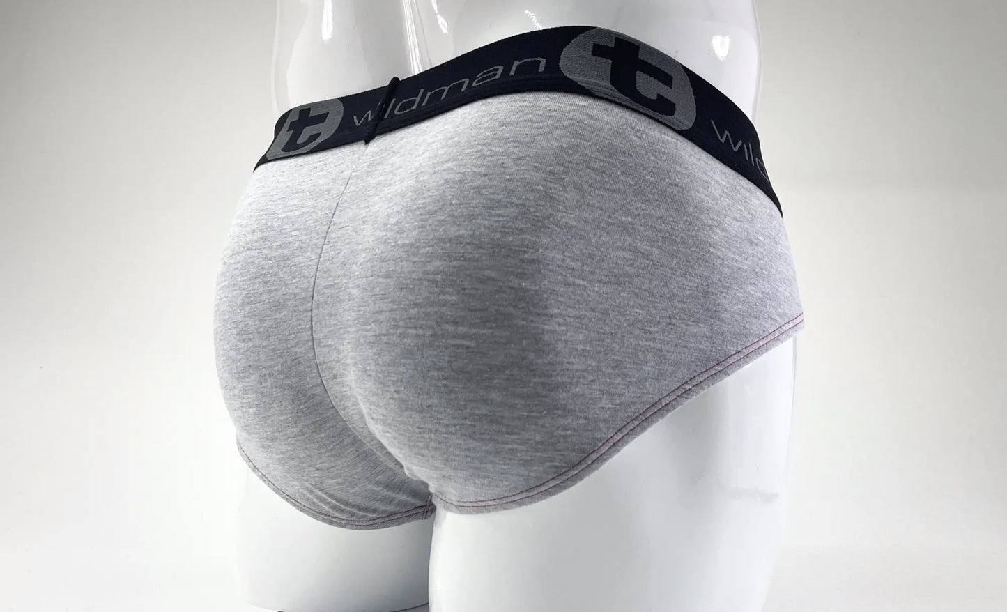 Gray heathered cotton briefs with black elastic waistband and wildman logo from wildmant stretch cotton big boy pouch brief