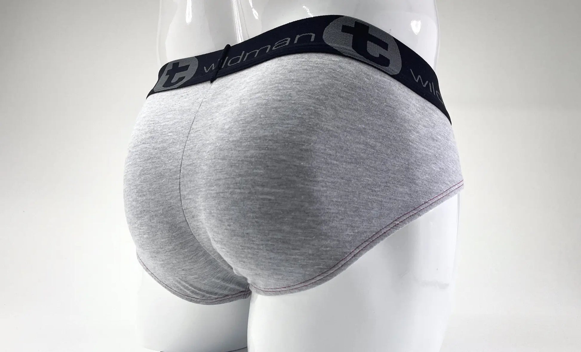 Gray heathered cotton briefs with black elastic waistband and wildman logo from wildmant stretch cotton big boy pouch brief