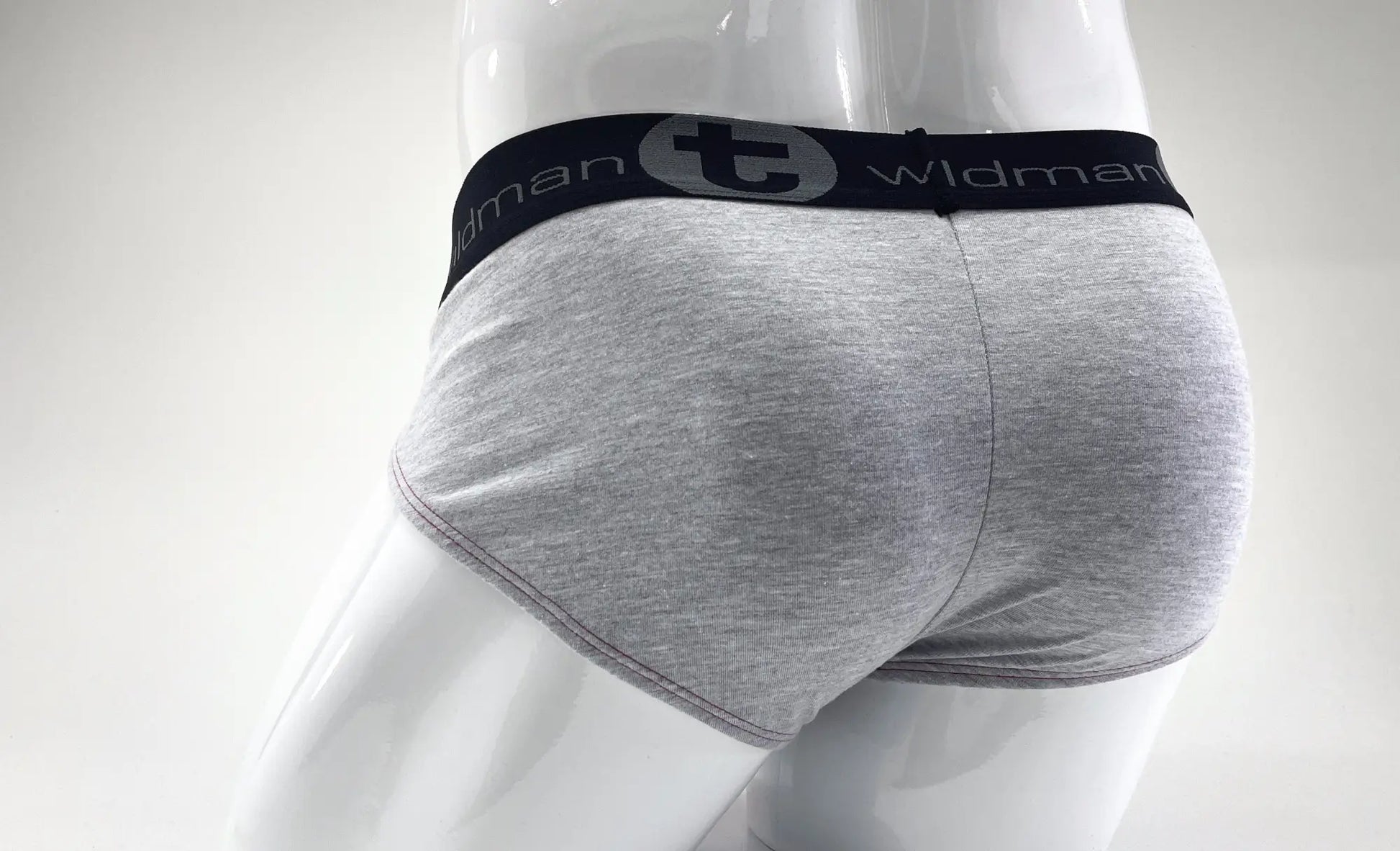 Gray heathered stretch cotton big boy pouch briefs with black wildman elastic waistband in gray and red
