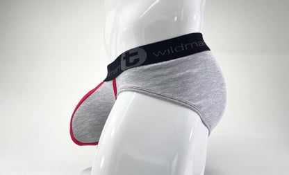 Gray heathered wildmanT stretch cotton big boy pouch brief with black waistband and pink trim along the side