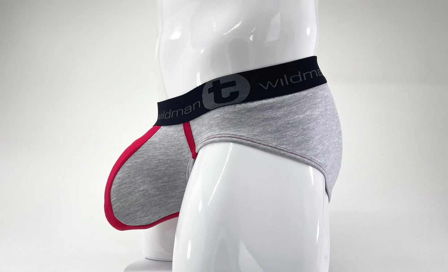 Wildmant stretch cotton big boy pouch brief in gray and red with black waistband featuring wildman logo