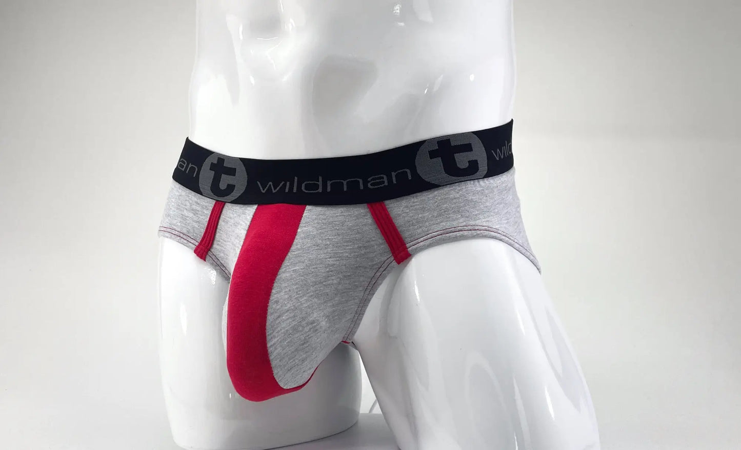 Gray and red wildman athletic briefs with black waistband featuring stretch cotton big boy pouch design