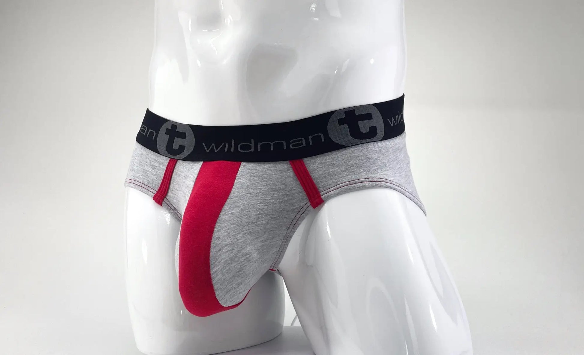 Gray and red wildman athletic briefs with black waistband featuring stretch cotton big boy pouch design