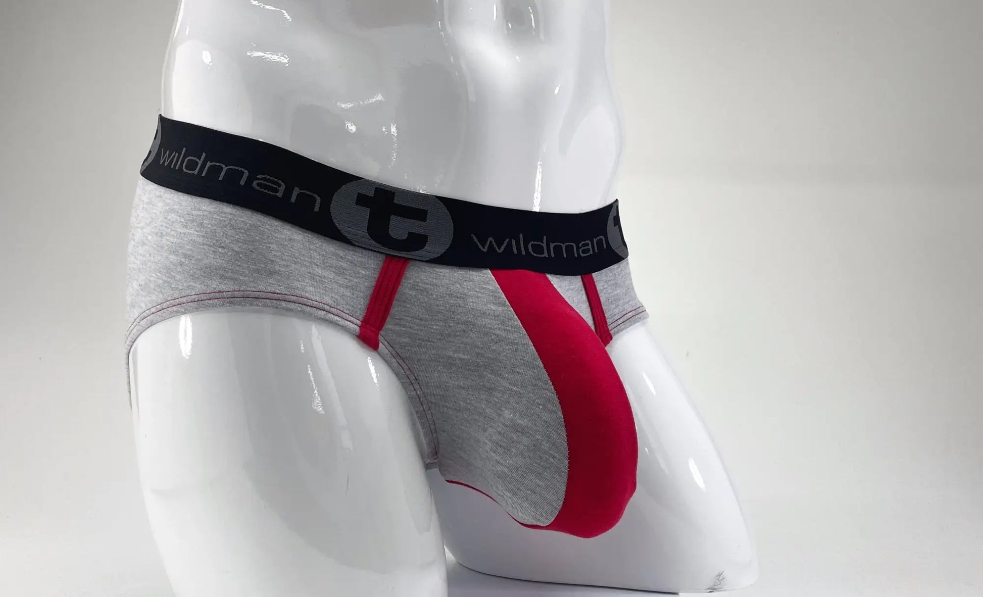 Wildmant stretch cotton big boy pouch brief in gray and red with black waistband and wildman t logo
