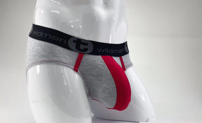 Wildmant stretch cotton big boy pouch brief in gray and red with black waistband and wildman t logo