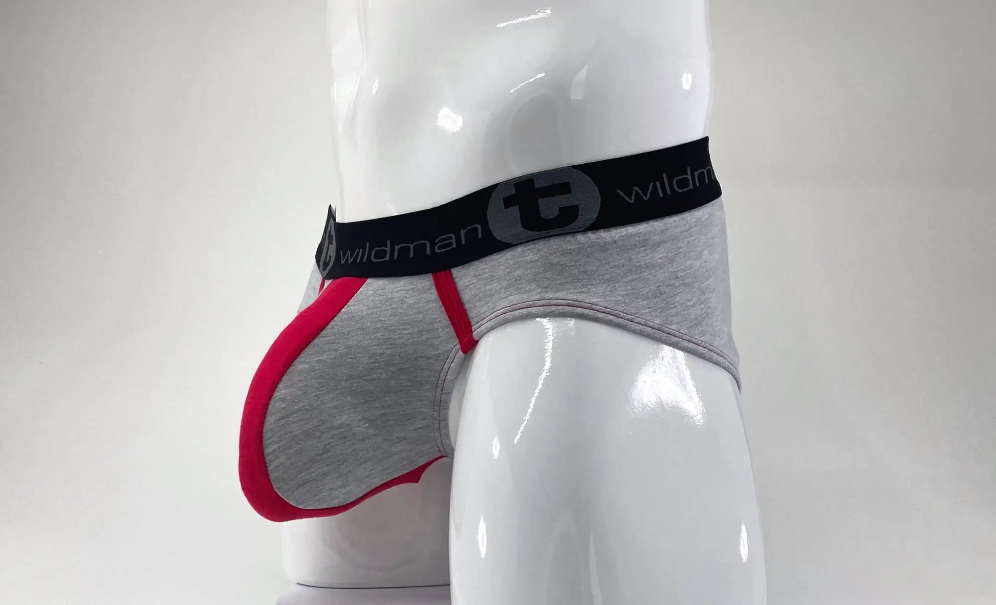 Wildmant stretch cotton big boy pouch brief in gray and red with black waistband and wildman logo