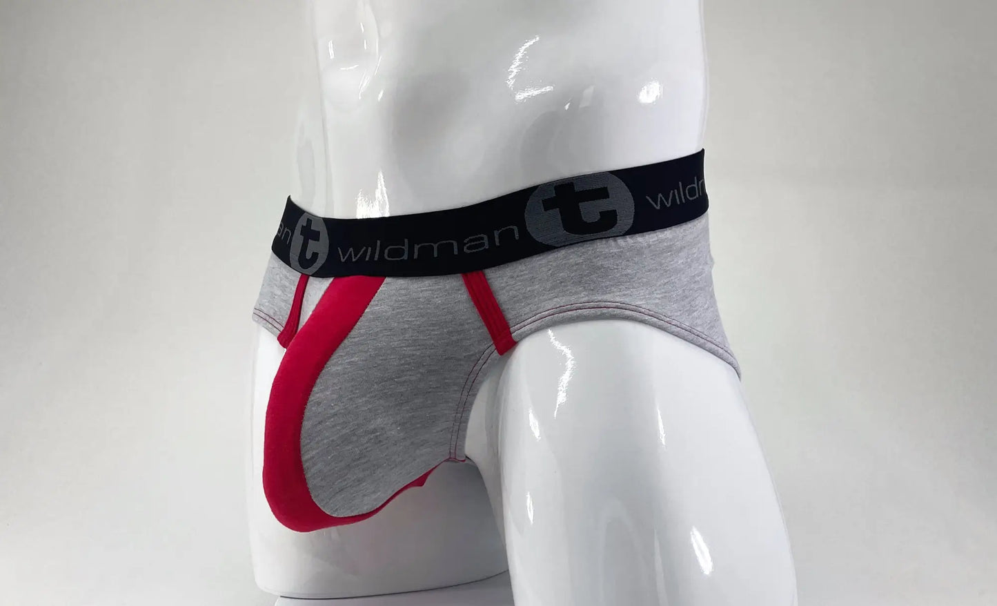 Gray and red wildman stretch cotton big boy pouch briefs with black waistband and wildman brand logo