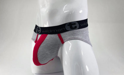 Gray and red wildman stretch cotton big boy pouch briefs with black waistband and wildman brand logo