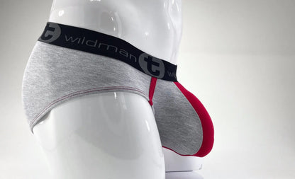 Wildmant stretch cotton big boy pouch brief in gray and red with black elastic waistband featuring wildman logo