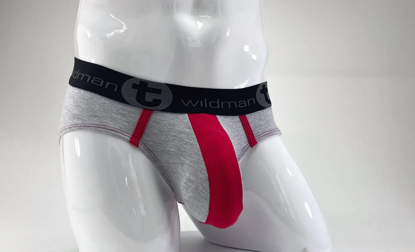 Wildmant stretch cotton big boy pouch brief in gray and red with black waistband featuring wildman logo